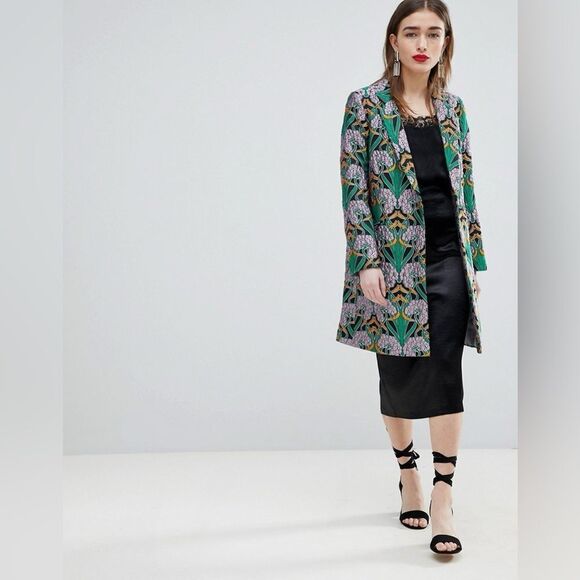 ASOS  ~ Lilac Green Gold Floral Jacquard "Trinny" Coat - Picture 10 of 17